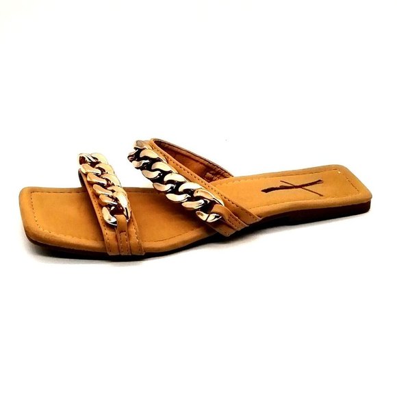 Wild Diva Womens Chain Link Slide Sandal Tan Faux Leather Flat Heel 6.5 - Picture 1 of 10